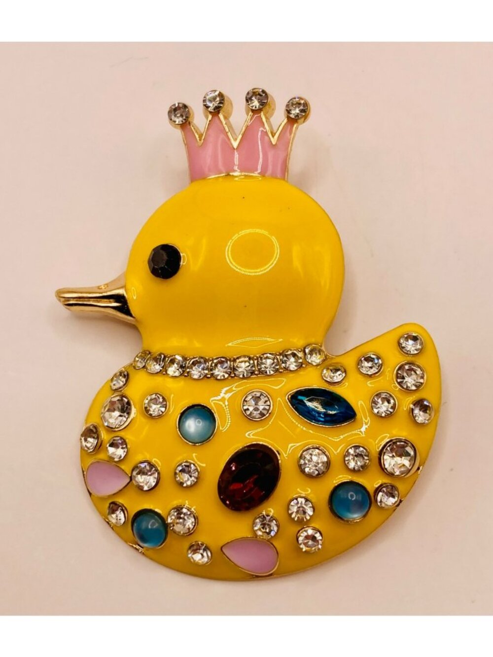 Yellow Enamel Duck Brooch Pin Rhinestones & Pink Crown Gold-Tone -74B